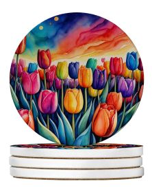Colorful Tulips Large Sandstone Coasters Pack of 4 Absorbent Round Coasters Decor Gifts for Men or Women, 4 in, Multicolor