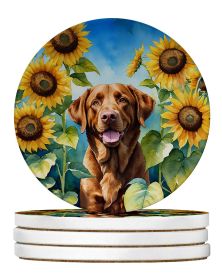 Chesapeake Bay Retriever in Sunflowers Large Sandstone Coasters Pack of 4 Absorbent Round Coasters Decor Gifts for Men or Women, 4 in, Multicolor